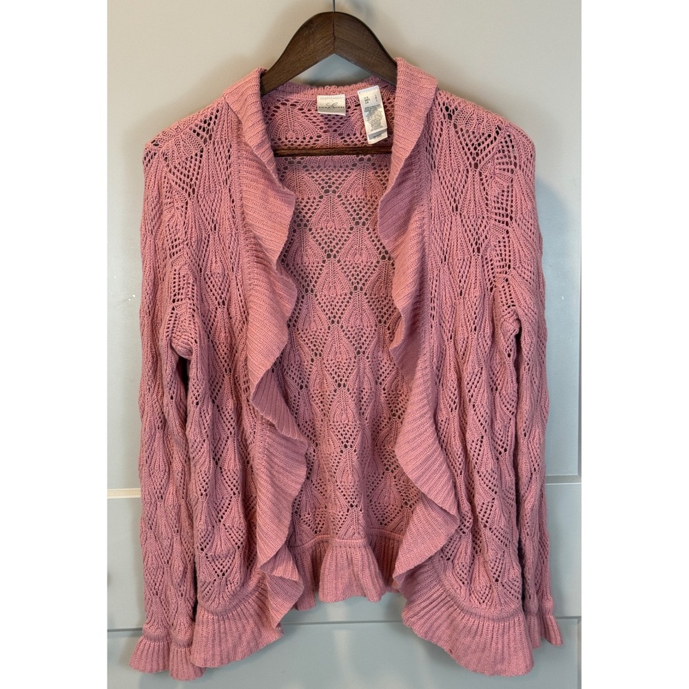 Emma James Pink Crochet Style Open Front Cardigan Sweater Cottagecore Boho Large